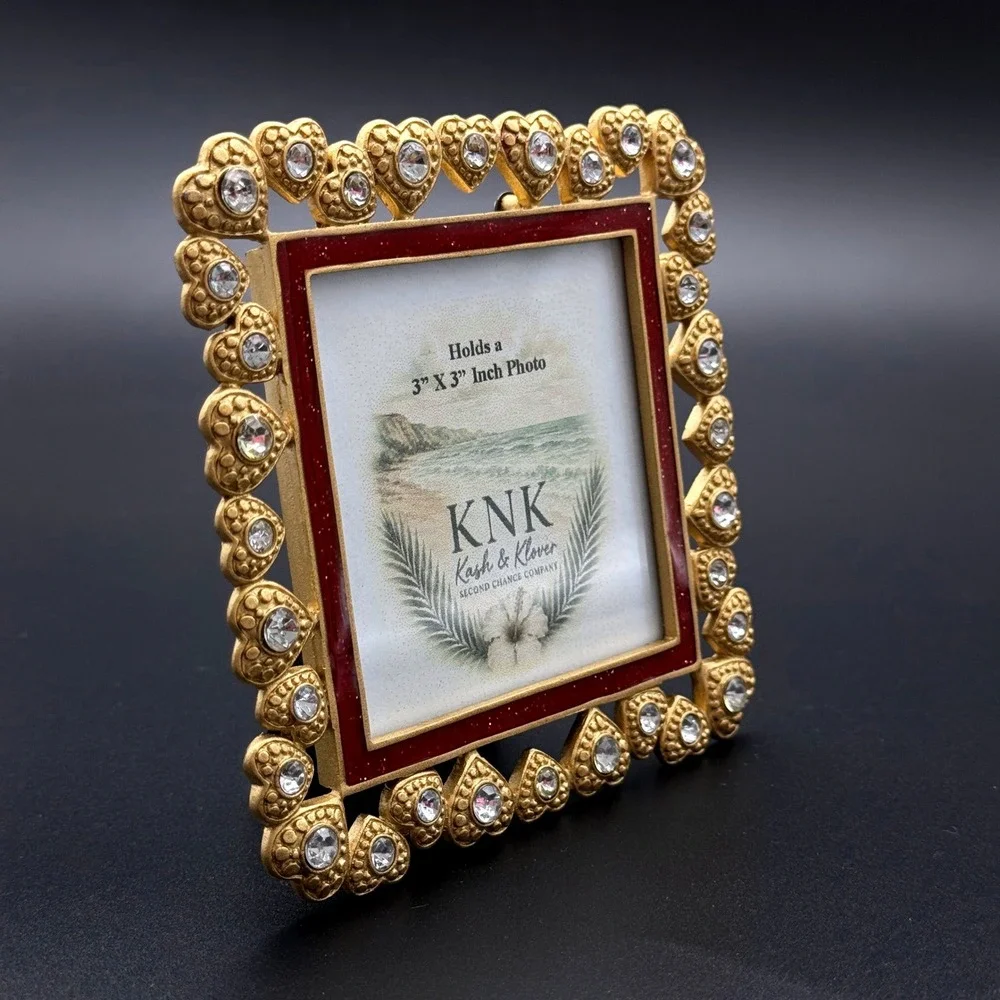 Heart‎ Rhinestone Picture Frame Unisex 3x3 Gold Red Romantic Ornate Coastal Glam